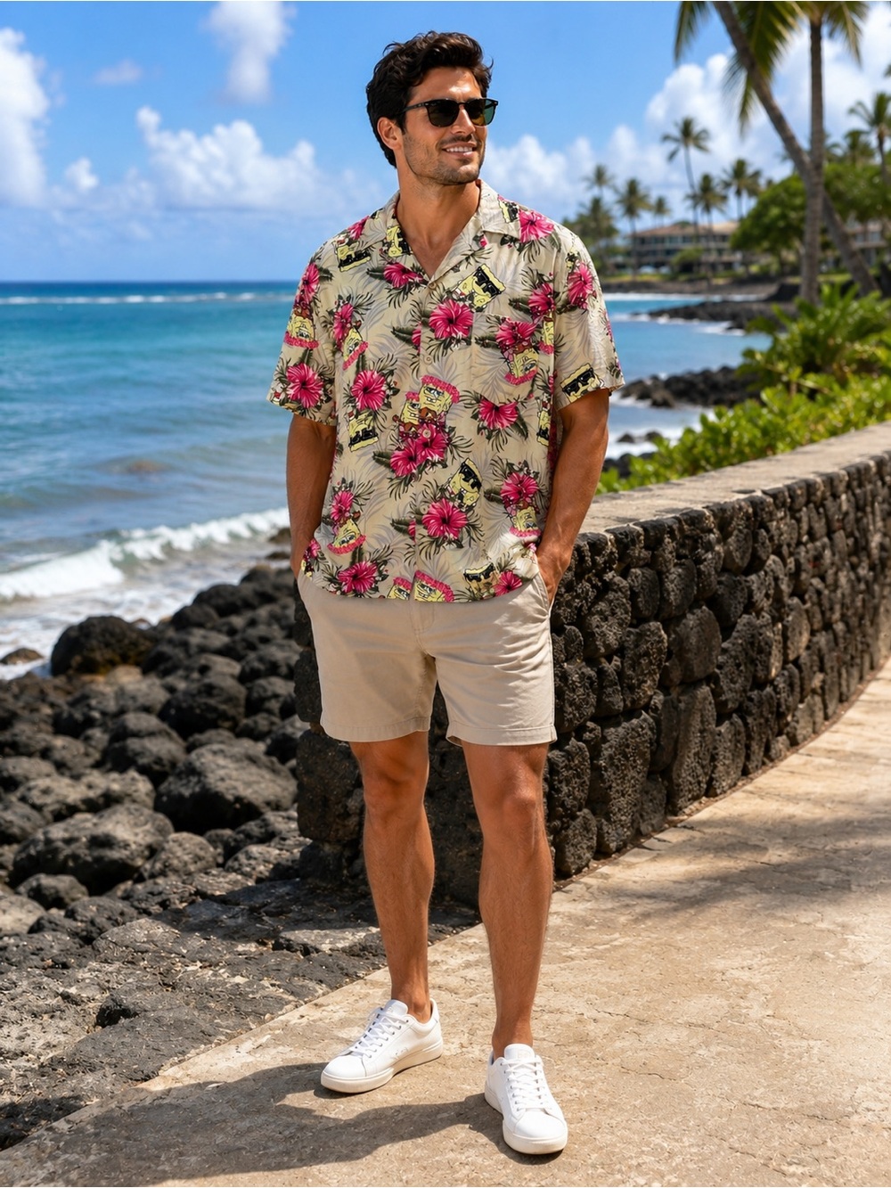 Men's Cream Hawaiian Button-Down Shirt with Pink Floral Print